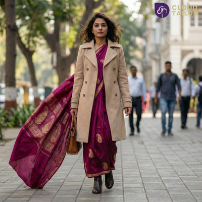 “Winter collection look featuring a saree styled with a long beige coat.”