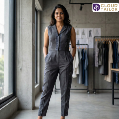 Old Saree upcycled into a modern tailored jumpsuit, styled indoors with a clean, contemporary silhouette