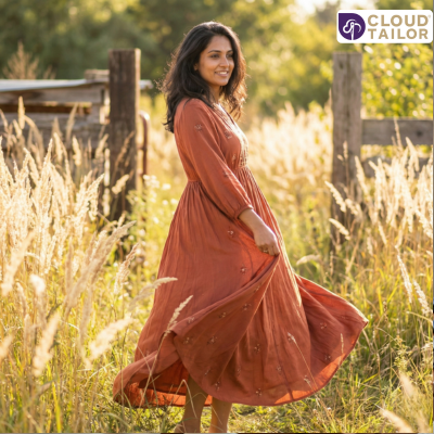 Old Saree creatively restyled into a flowing dress, worn outdoors with natural movement and a relaxed, elegant look