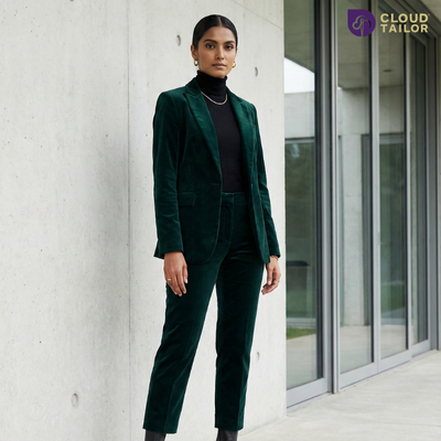 Woman in a chic green blazer set, highlighting CloudTailor’s winter collection for women