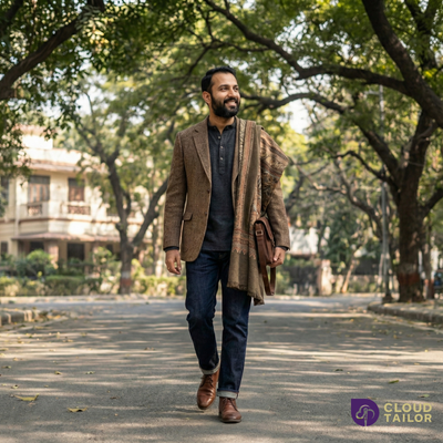 Man in a brown winter outfit walking outdoors, featured in CloudTailor’s winter collection for men and women.