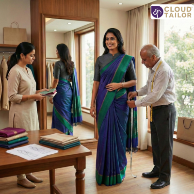 Custom-Tailoring in a boutique with a tailor taking precise body measurements.