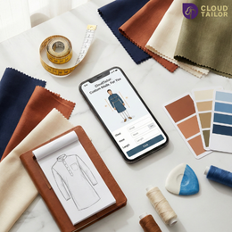 "Custom outfit design tools and fabric swatches shown with the CloudTailor app."