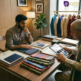 "Man selecting fabrics for a custom outfit at CloudTailor."