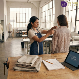 A tailor taking measurements to create personalized outfits for the winter collection, offering styles for both women