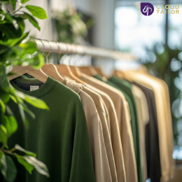 Winter collection of earth-toned sweatshirts hanging on a clothing rack
