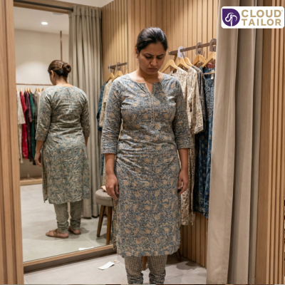 Woman trying a kurta in a fitting room during an Online-Tailoring session.