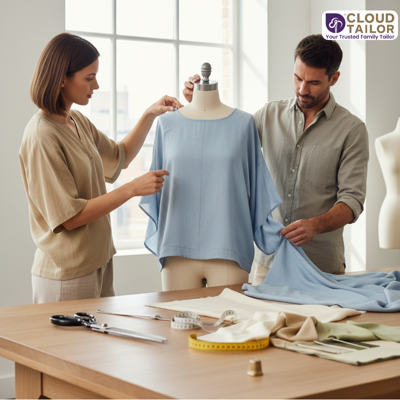 Summer Wear being tailored on a mannequin with fabric and measuring tools.