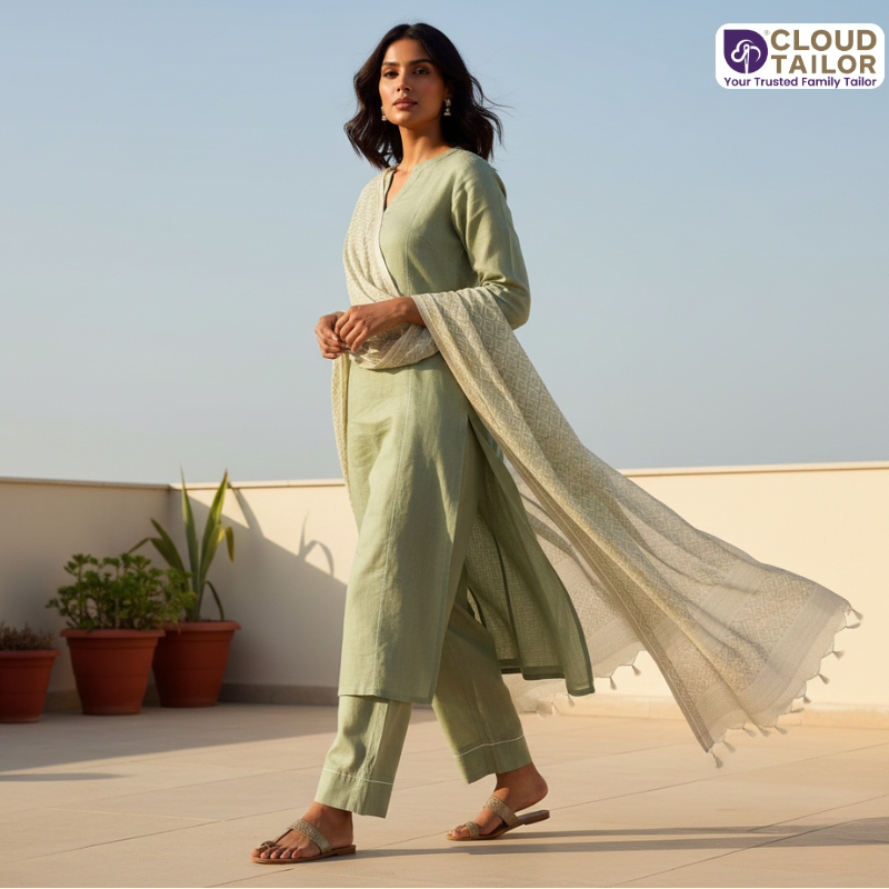 Summer Wear with a light green kurta set and dupatta.