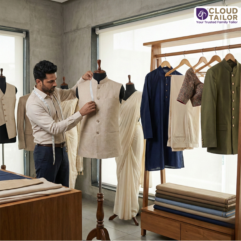 Capsule Wardrobe tailoring setup showing a minimalist vest being measured for versatile everyday styling.
