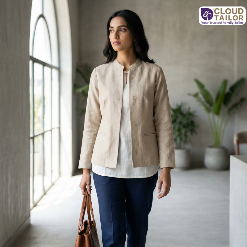 Capsule Wardrobe outfit featuring a minimalist beige jacket with neutral everyday styling.