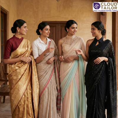Collared Blouse in deep green with embroidered collar paired with an elegant cream saree.