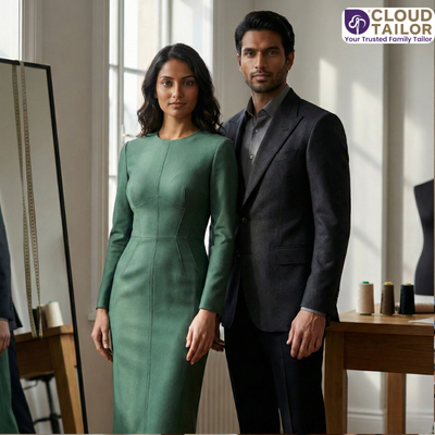 Couple Outfit featuring a woman in a green fitted dress and a man in a dark formal suit.