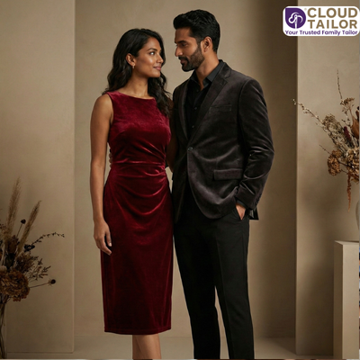 Couple Outfit with a woman in a red velvet dress and a man in a black formal suit.