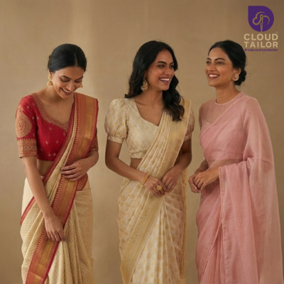 Women wearing elegant blouse designs paired with stylish saree blouse fits and modern blouse neck designs in a classic ethnic look.