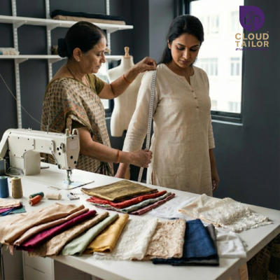 Professional fitting session highlighting custom blouse designs, precise saree blouse tailoring, and elegant blouse neck designs in a boutique studio.