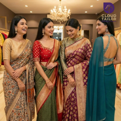 Women showcasing elegant blouse designs with detailed saree blouse styles and stylish blouse neck designs in a boutique setting.
