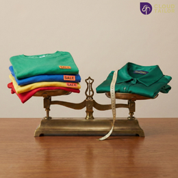Stack of ready-made clothes and a custom shirt balanced on a scale.