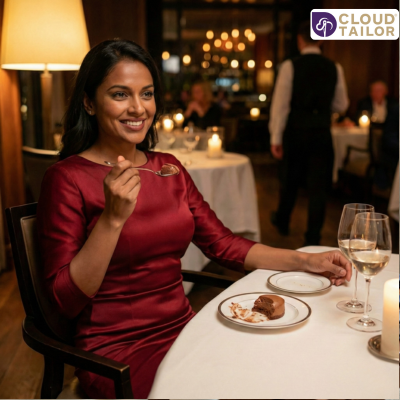 Woman in an elegant red Valentine Dress enjoying a candlelight dinner at a fine dining restaurant.