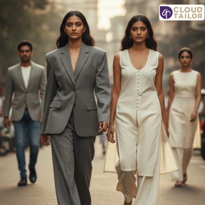 Models walking in modern tailored outfits, showcasing custom tailor craftsmanship.