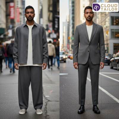 Before-and-after look of a man styled in a custom tailor suit for a sharp fit.