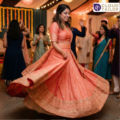 Lightweight Lehenga twirls gracefully as a woman dances at a festive celebration wearing a flowing peach outfit
