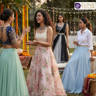 Lightweight Lehenga worn at an outdoor celebration, featuring flowing skirts and elegant festive styling