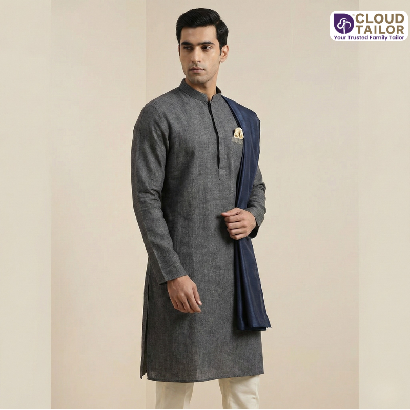 Indo-western Outfits featuring a modern kurta with a tailored fit and contrasting stole for a contemporary ethnic look.