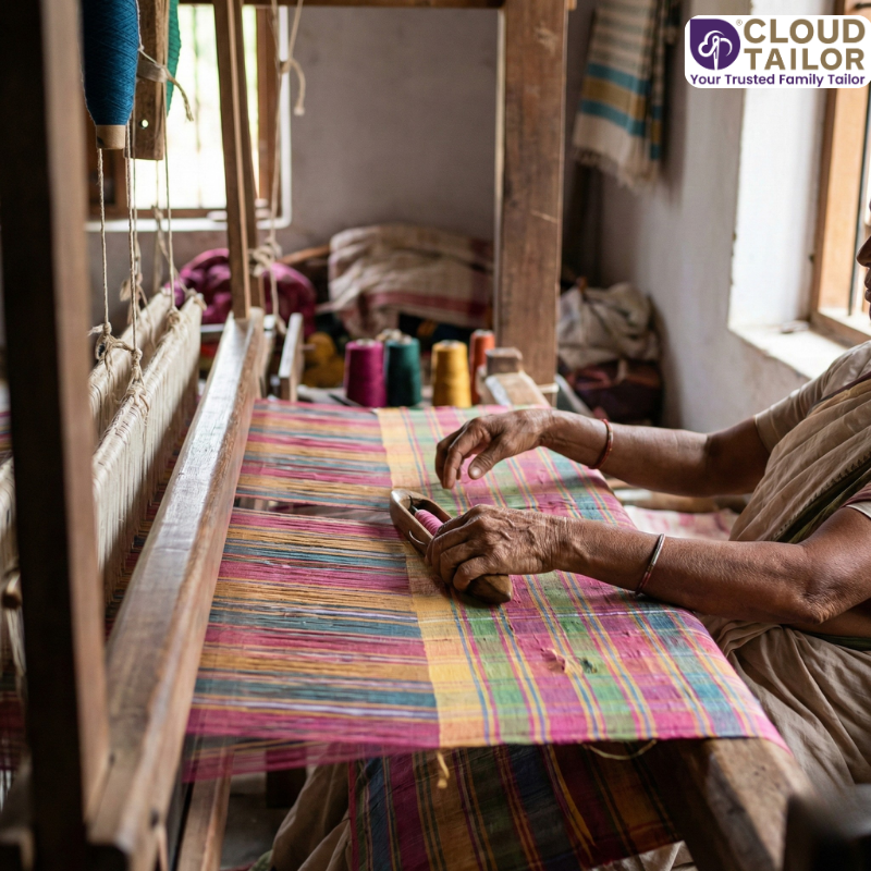 Kanchipuram Silk being handwoven on a traditional loom by an artisan.