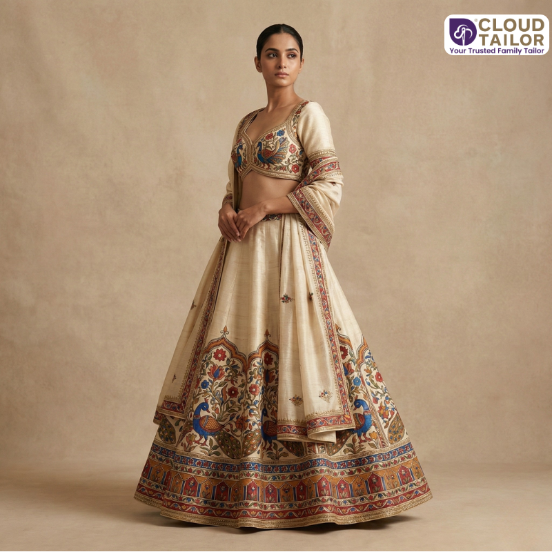 Madhubani Lehenga with elegant traditional artwork and detailed embroidered border design.