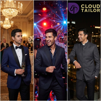 "Stylish men's wear for New Year eve featuring custom-tailored suits and formal jackets."