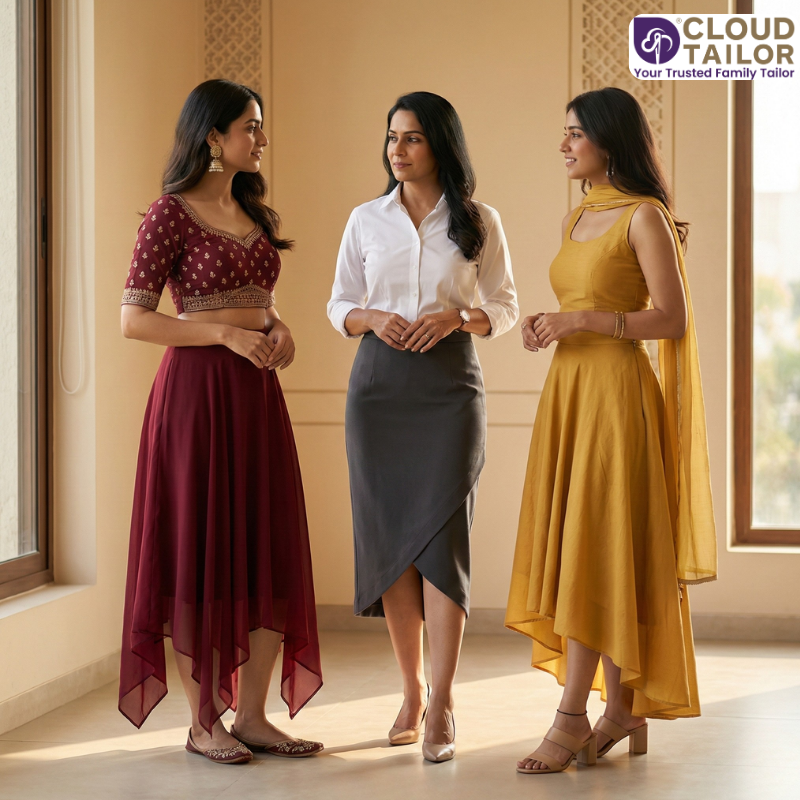 Women showcasing stylish asymmetric skirts with modern tailored outfits.