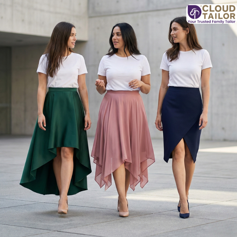 Women wearing elegant asymmetric skirts styled for a modern casual look.