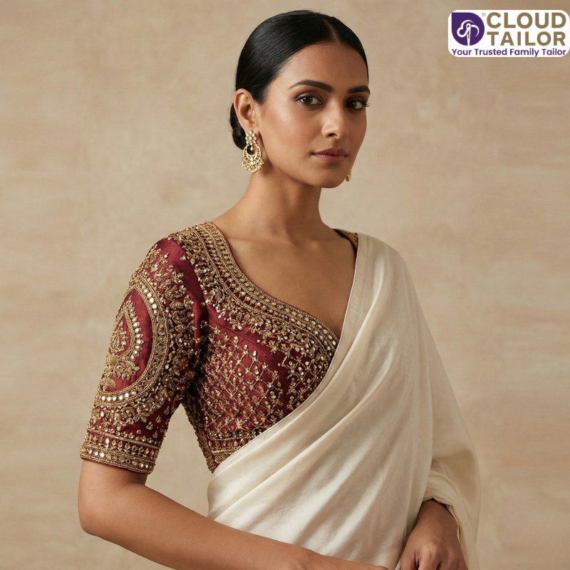 Blouse Design featuring an embroidered maroon blouse paired with an elegant cream saree.