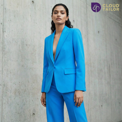 "Bright blue tailored suit highlighting bold women's fashion and women's wear."