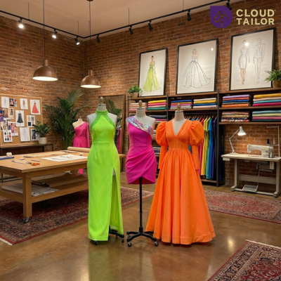 Women’s fashion studio with colorful dresses displayed on mannequins.