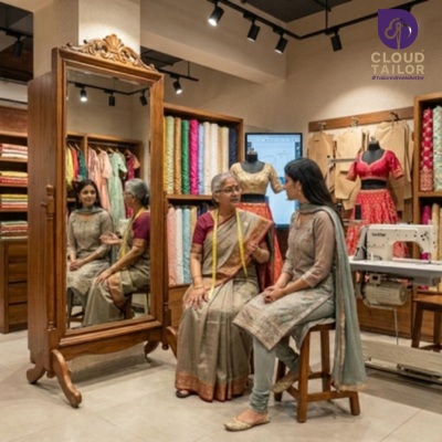 Customer consultation with a ladies tailor, showcasing expert tailoring services at a trusted tailor near you inside a boutique studio.