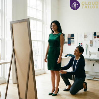 Professional custom tailoring for a green festive outfit, perfect as a personalized New Year Eve outfit.