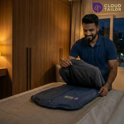 “Men’s suit being unpacked from a garment bag, showcasing premium tailoring and care.”