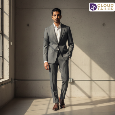 Man wearing a perfectly fitted grey suit showcasing Custom-Tailoring in a minimalist studio setting.