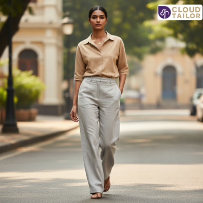 Woman walking in a tailored beige top and grey trousers highlighting Custom-Tailoring with a clean, modern fit.