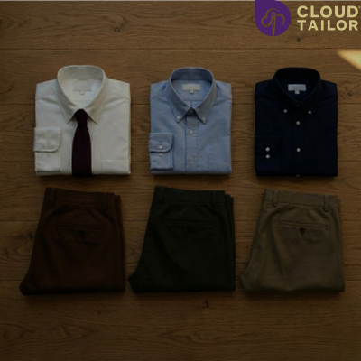 "Mens fashion flat lay featuring folded shirts and trousers."