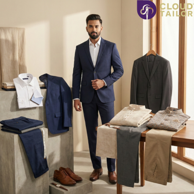 Mens fashion model wearing a navy blue suit surrounded by tailored clothing.