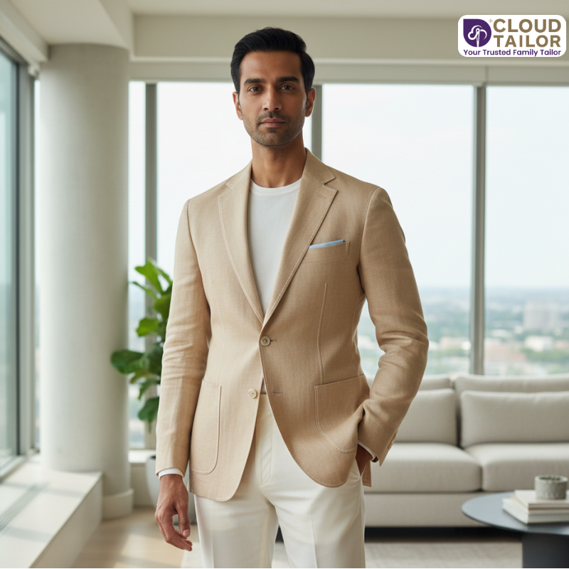 Stylish men’s Summer Outfits featuring a light tailored blazer in a modern setting.