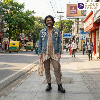 Custom-Tailoring expressed through a uniquely styled outfit worn confidently on a city street.