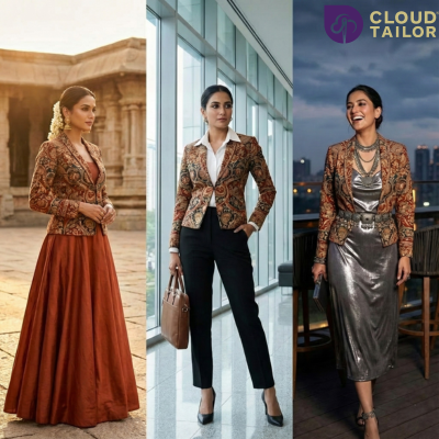 "Collage showing a Kalamkari Jacket styled in traditional, formal, and fusion looks."