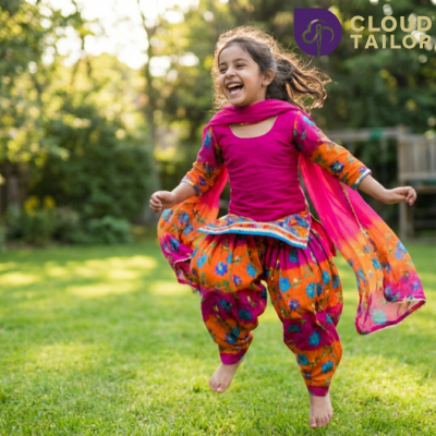 "Brightly colored custom-tailored Salwar Suit for girls, showcasing stylish and high-quality Kids Wear for festive occasions."