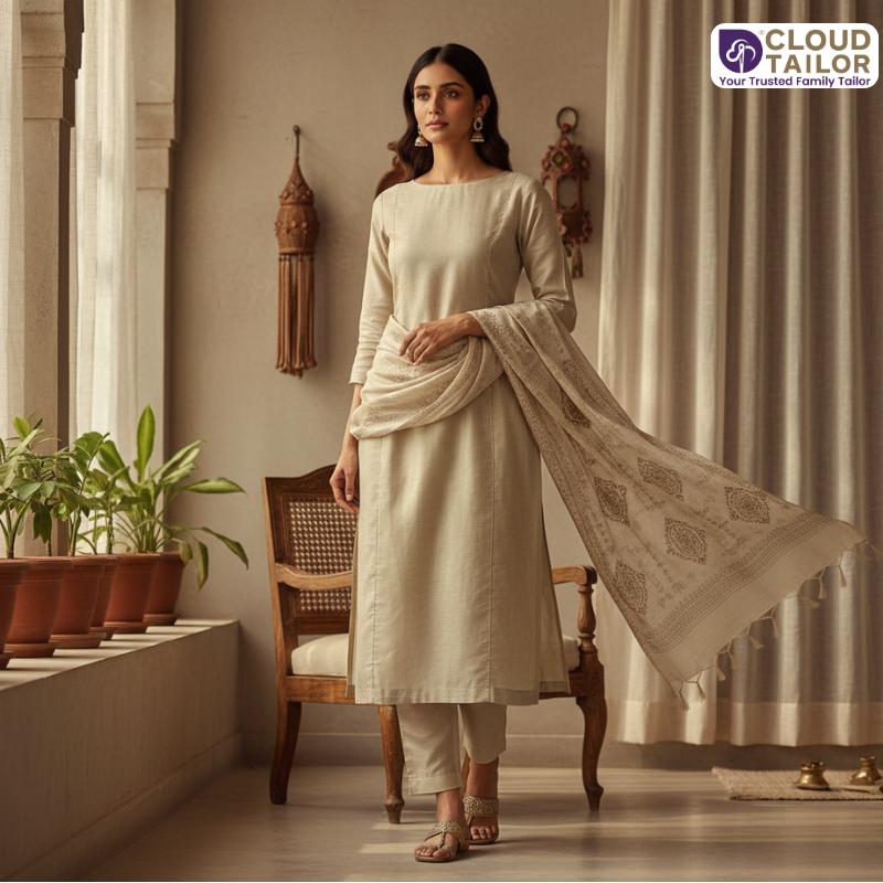 Minimalist beige Salwar Suits styled with a flowing dupatta in an elegant indoor setting.