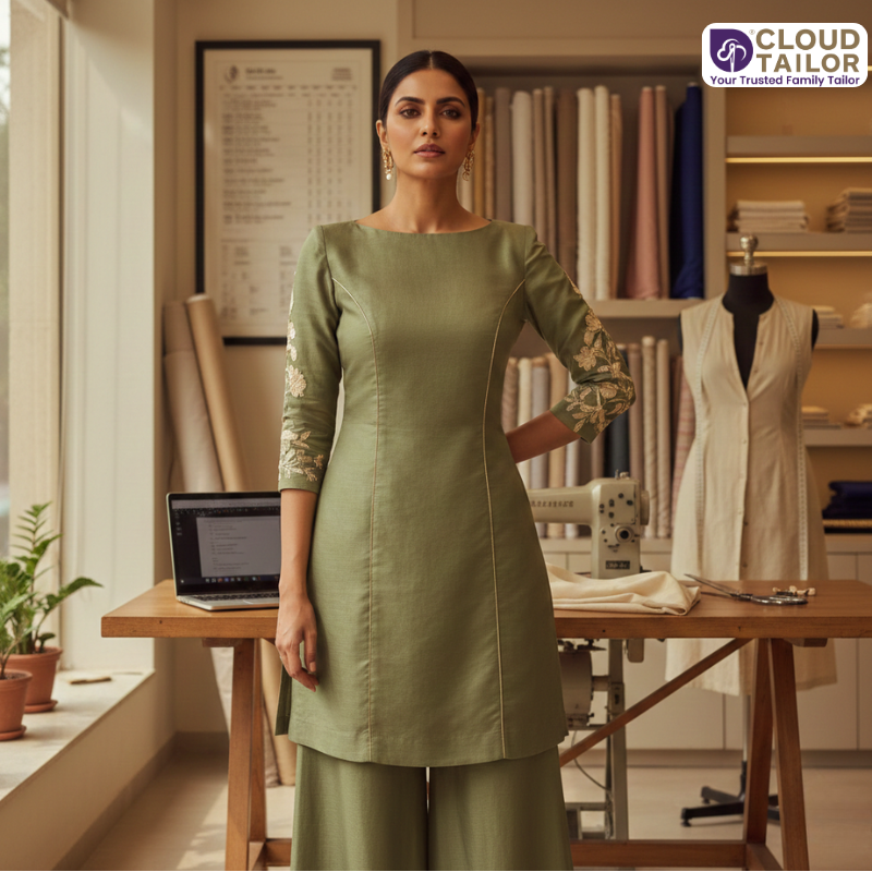 Elegant Salwar Suits design showcased in a modern tailoring studio.