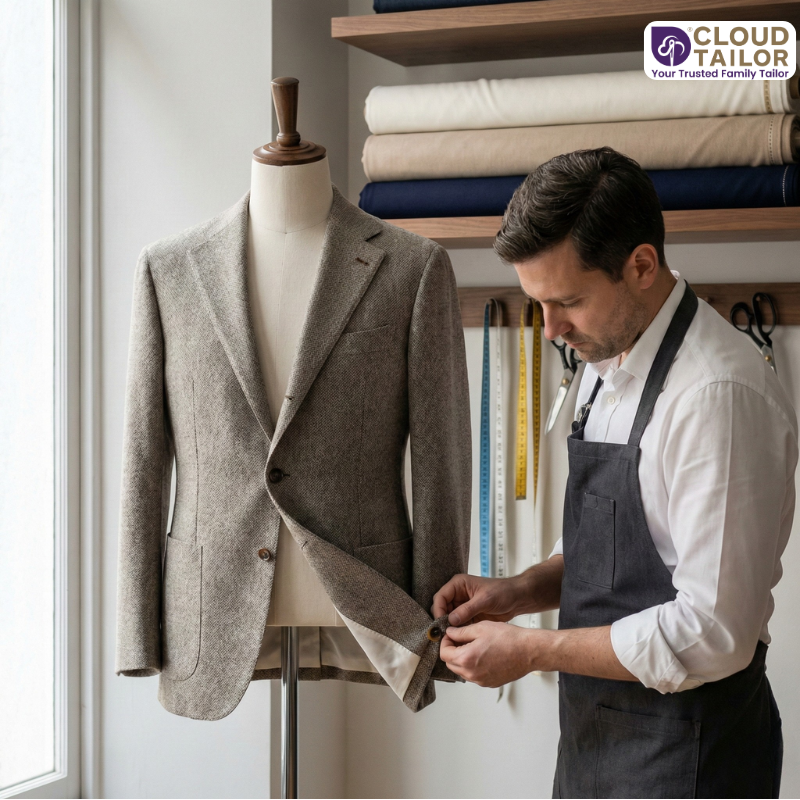 Custom-tailoring professional adjusting a suit jacket on a mannequin in a tailoring studio.